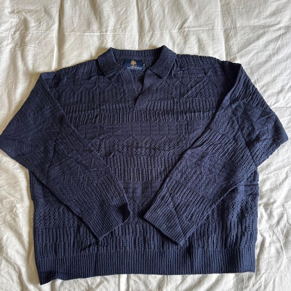 Herberton Men’s Navy Lighweight Loose Knit Collared Sweater Size XL